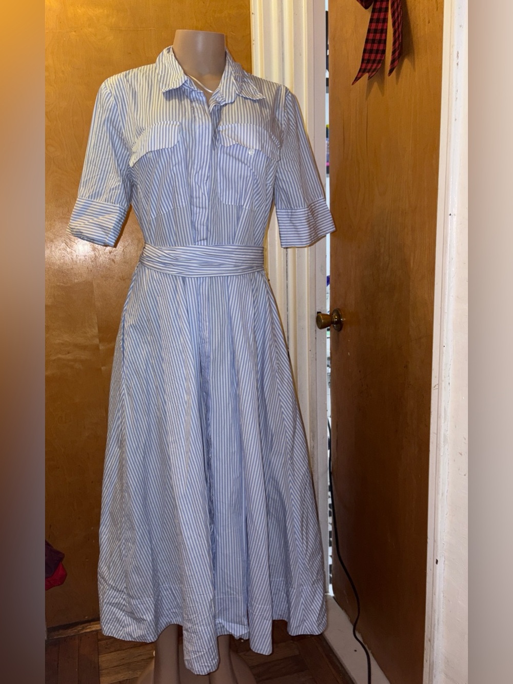 Zara Blue and White Striped Maxi Shirt Dress